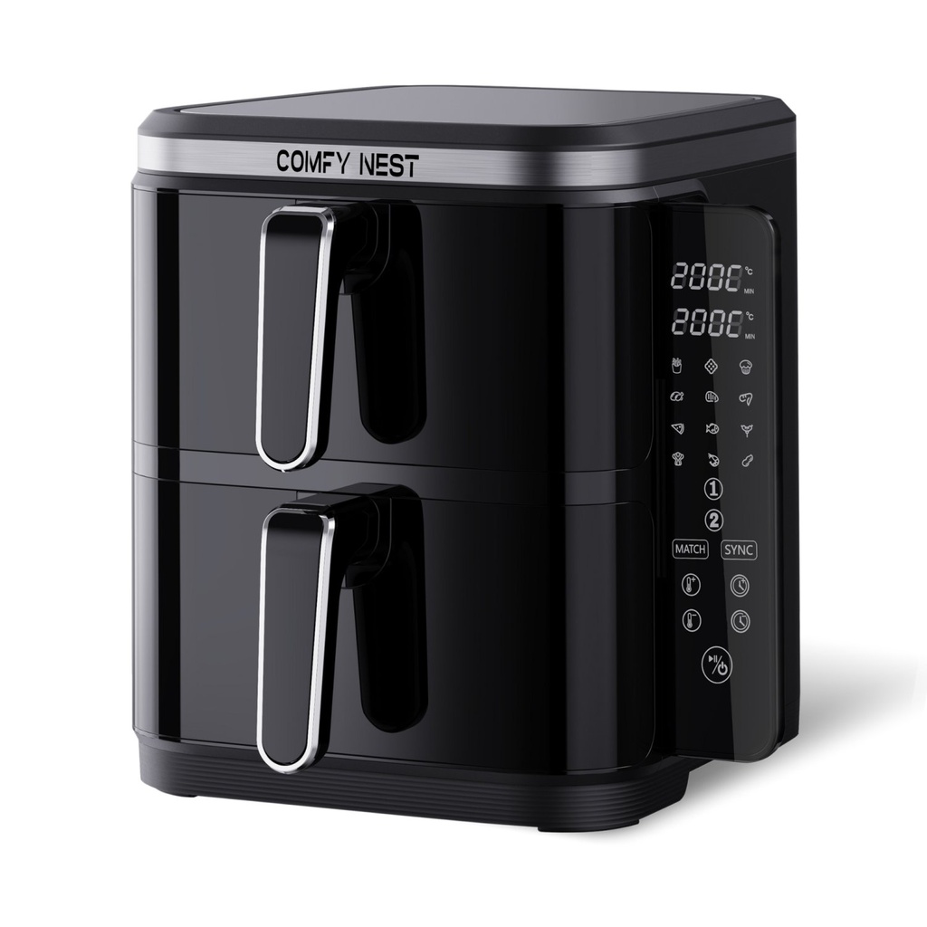 Comfy Nest CN-06177: 2800W Double Basket Air Fryer with Digital Folding Side Panel - 11L
