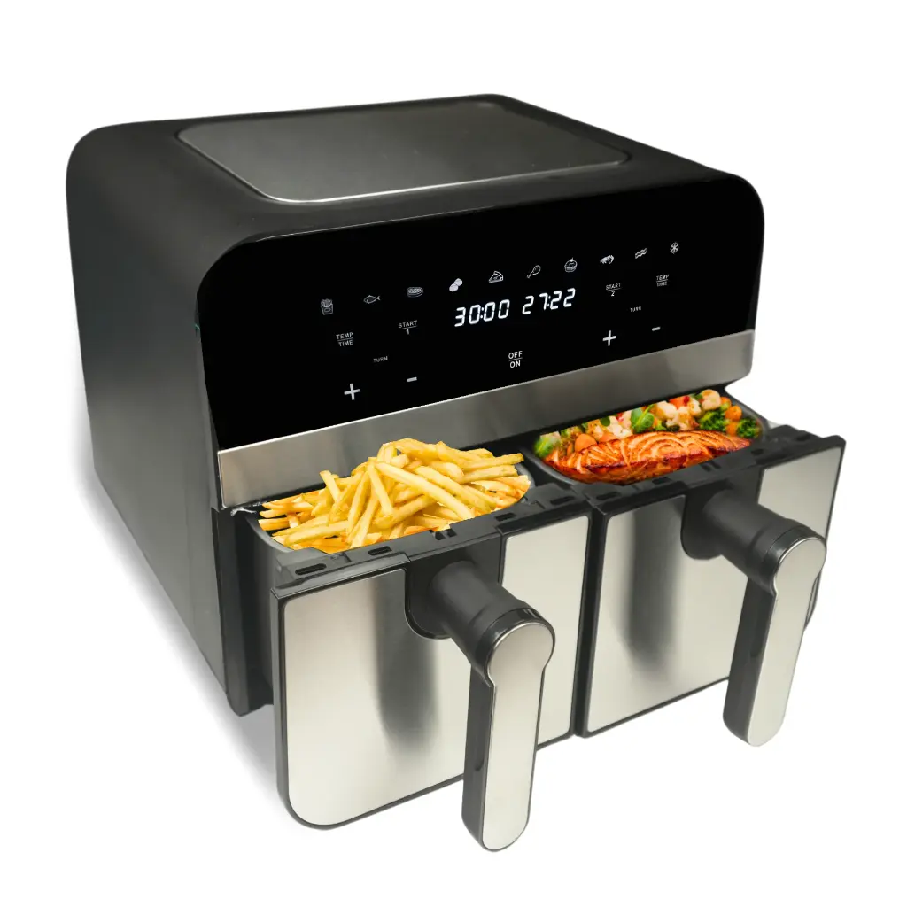 Comfy Nest CN-AFD45NS: Digitale Heißluftfritteuse mit zwei Körben aus Edelstahl, 2400W – 9L