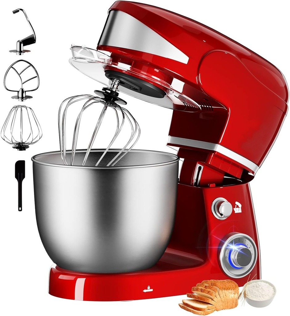 Royalty Line RL-PKM1600 : robot pâtissier 1600 W, 6 vitesses, bol inox 6 L - rouge