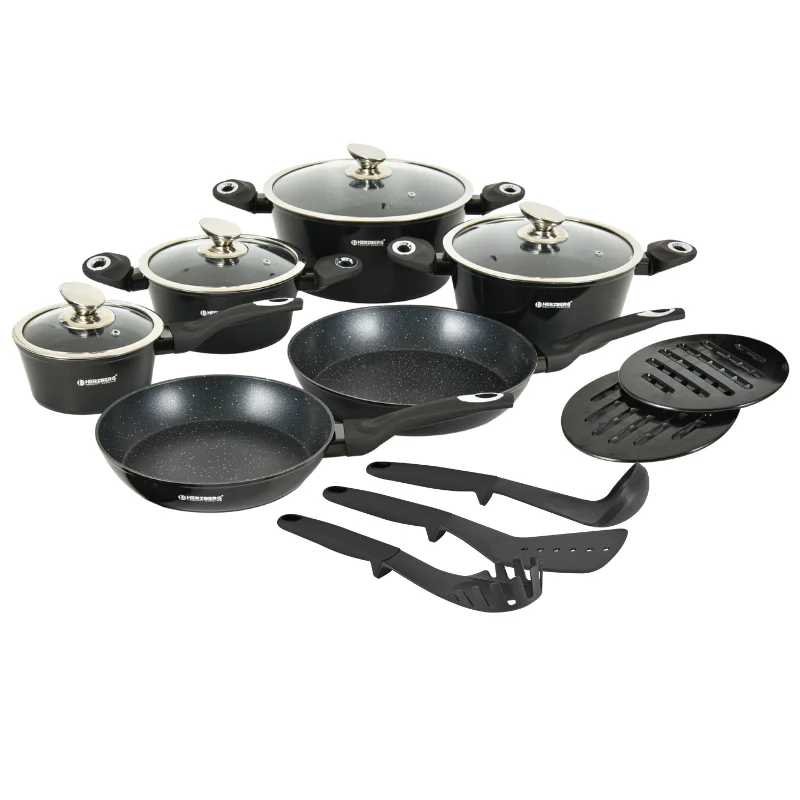 Herzberg HG-METBK15 : batterie de cuisine noire effet marbre, 15 pièces