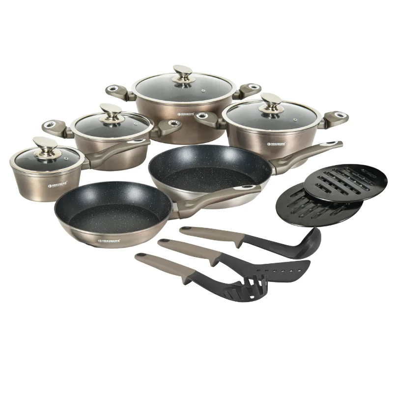 Herzberg HG-METCR15: 15 Pieces Marble Coated Cookware Set - Carbon