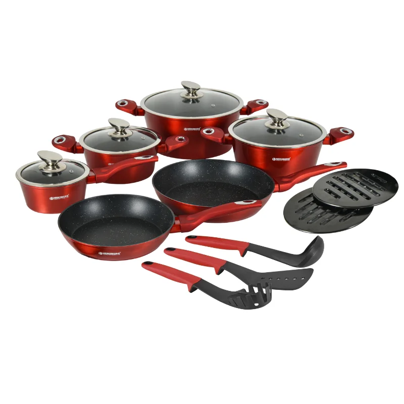 Herzberg HG-METRD15: 15 Pieces Marble Coated Cookware Set - Red