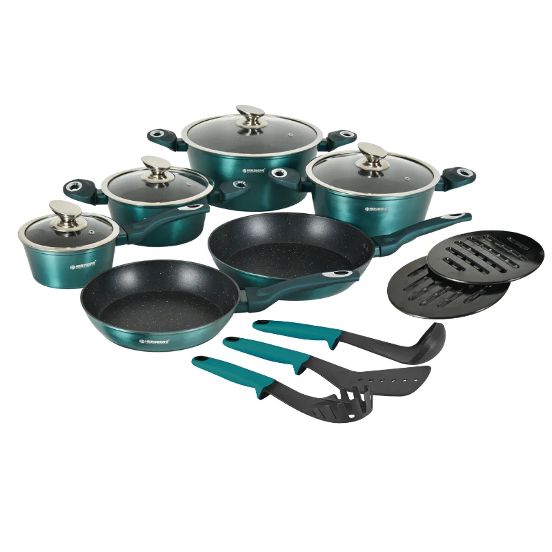 Herzberg HG-METBL15: 15 Pieces Marble Coated Cookware Set - Blue