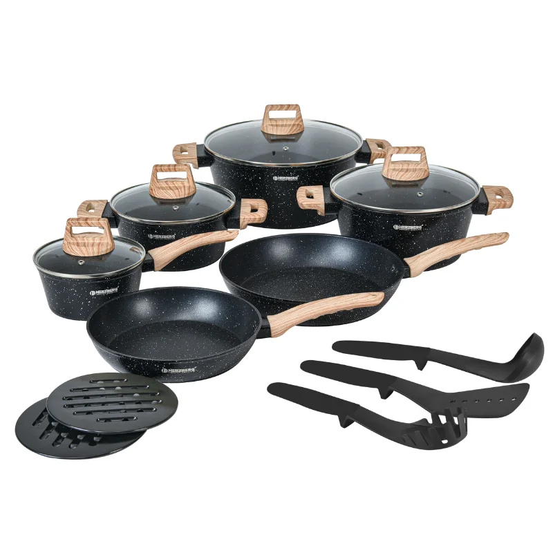 Herzberg HG-WDMRB15: 15 Pieces Granite Coated with Wood Accent Handle - Black