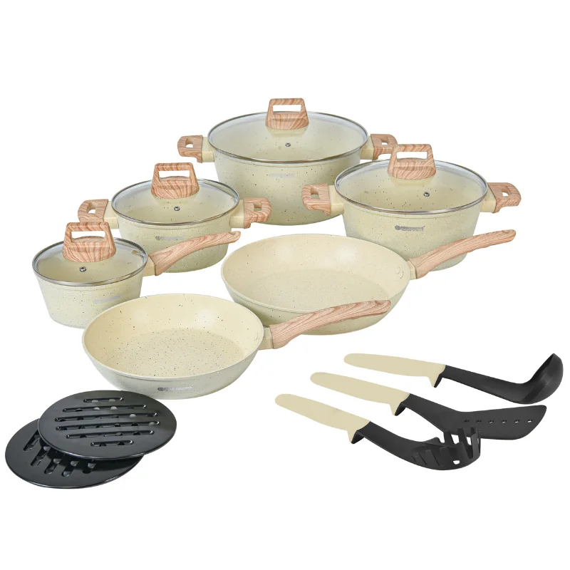 Herzberg HG-WDBEJ15: 15-teiliges, granitbeschichtetes Kochgeschirr-Set mit Holzoptik-Griffen – Beige