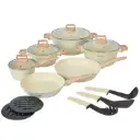 Herzberg HG-WDBEJ15: 15-teiliges, granitbeschichtetes Kochgeschirr-Set mit Holzoptik-Griffen – Beige