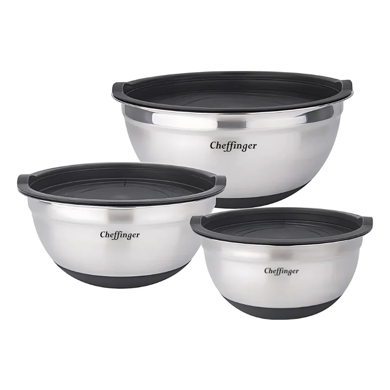 [CF-MXB3S] Cheffinger CF-MXB3S: 6-Piece Stainless Steel Mixing Bowl Set with Lids
