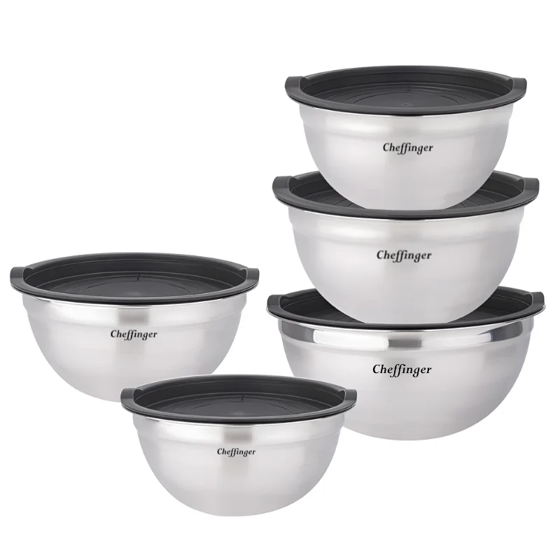 Cheffinger CF-MXB5: 10 Pieces Stainless Steel Mixing Bowl with Lid