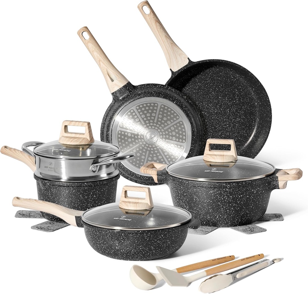 Just Perfecto JL-30: 14 Pieces Granite Cookware Set with Steamer - Black