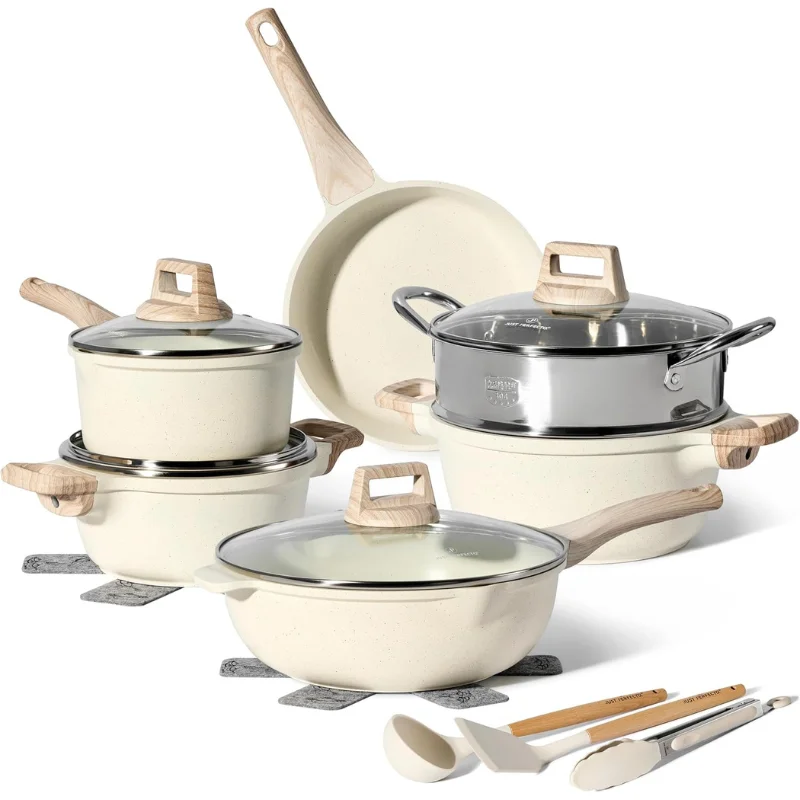 Just Perfecto JL-779 : batterie de cuisine beige 15 pièces avec cuiseur vapeur