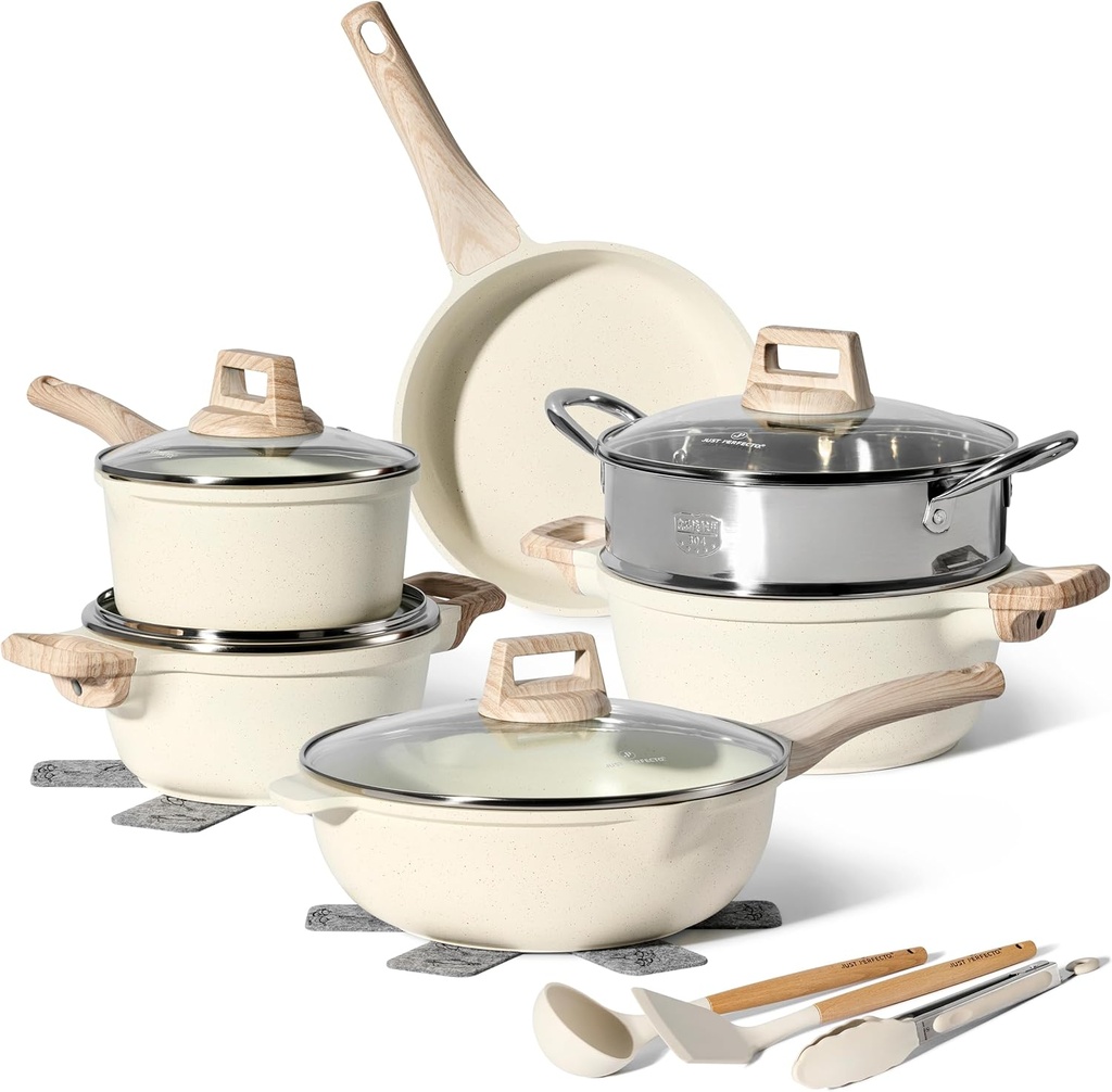 Just Perfecto JL-779: 15 Pieces Granite Cookware Set with Steamer - Biege