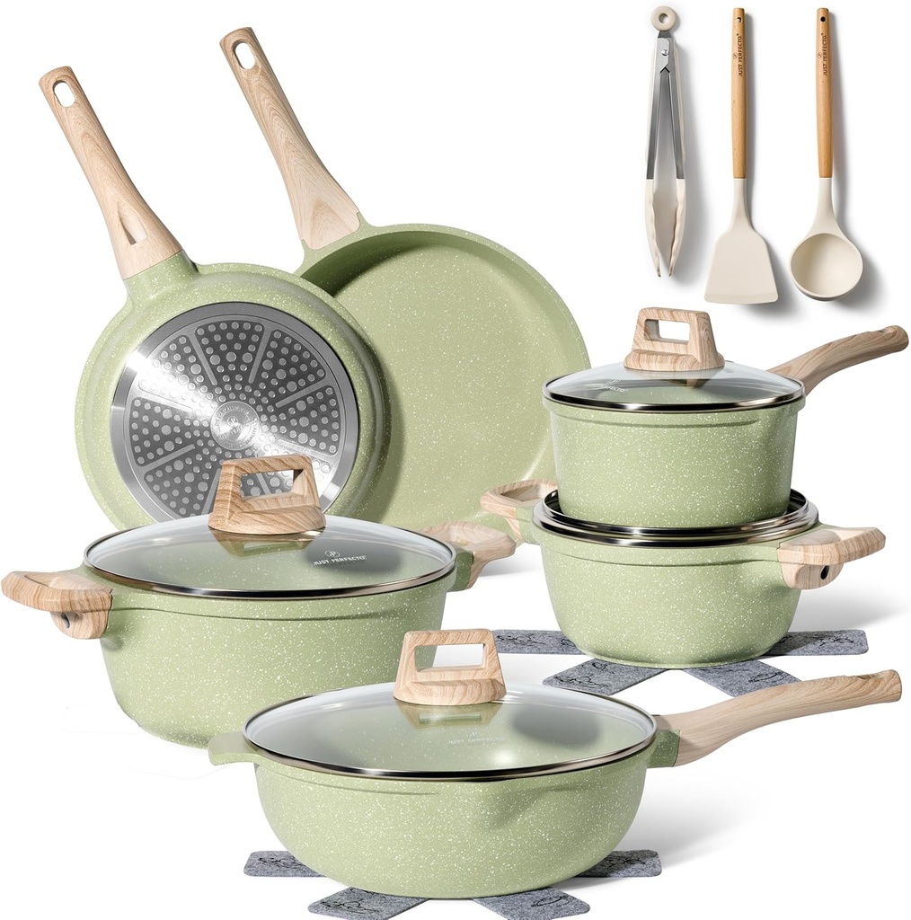 Just Perfecto JL-787: 15 Pieces Granite Cookware Set  - Green