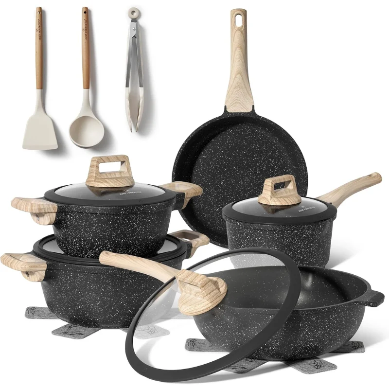 Just Perfecto JL-889 : batterie de cuisine noire effet granit de 14 pièces