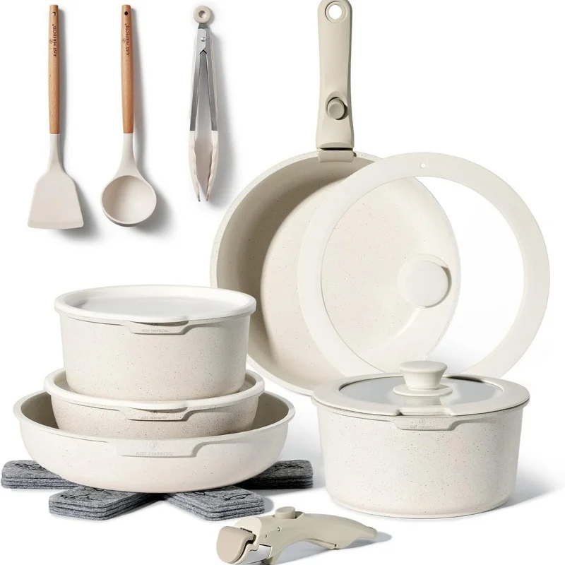 Just Perfecto JL-996: 18 Pieces Granite Cookware Set with Removable Handle - Biege