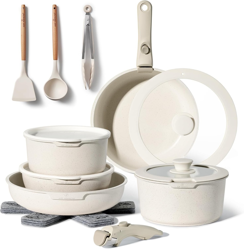 Just Perfecto JL-996: 18 Pieces Granite Cookware Set with Removable Handle - Biege