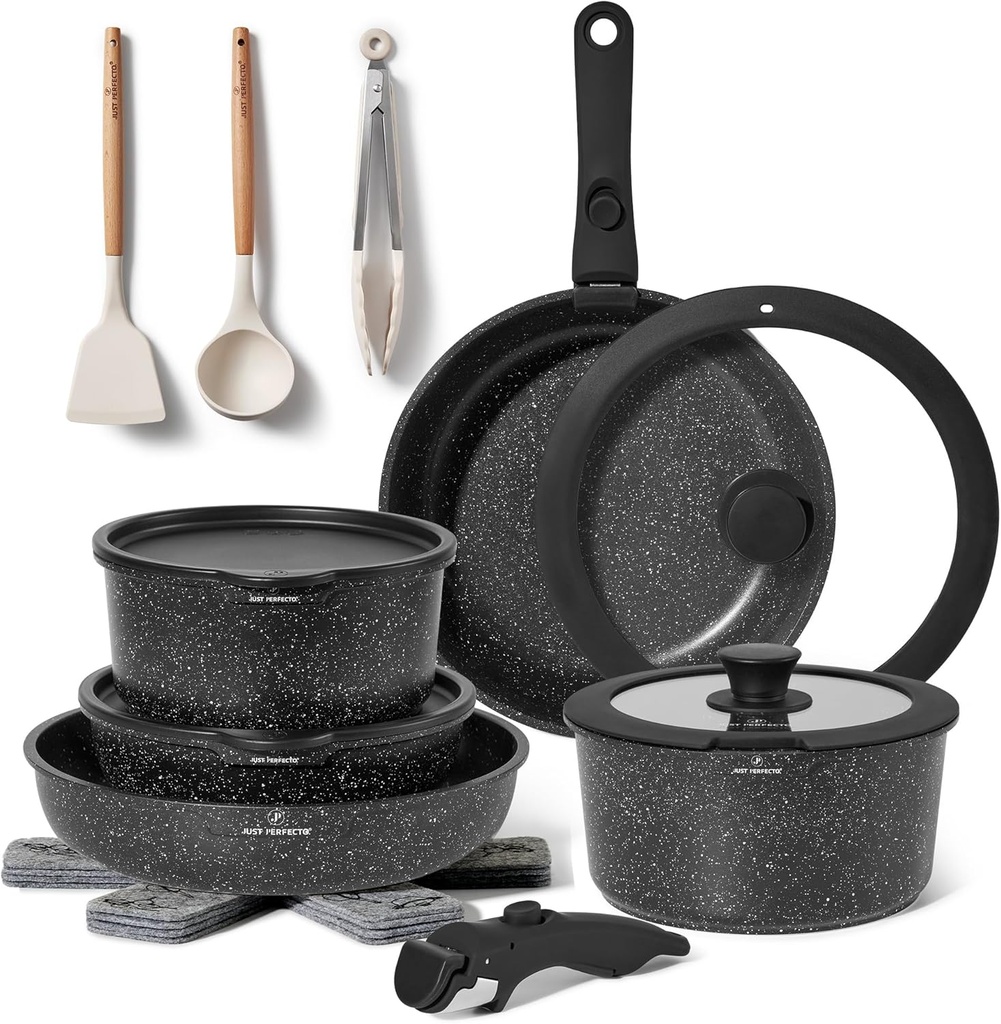 Just Perfecto JL-997: 18 Pieces Granite Cookware Set with Removable Handle- Black