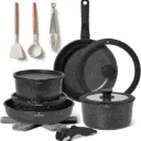 Just Perfecto JL-997: 18 Pieces Granite Cookware Set with Removable Handle- Black