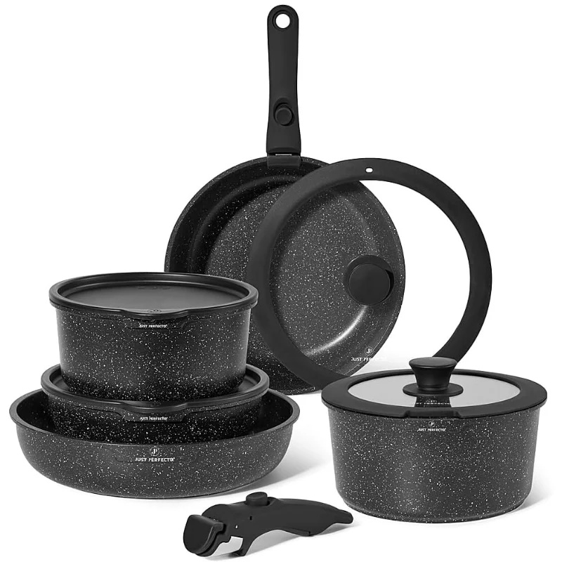 Just Perfecto JL-998: 11 Pieces Granite Cookware Set with Removable Handle - Black