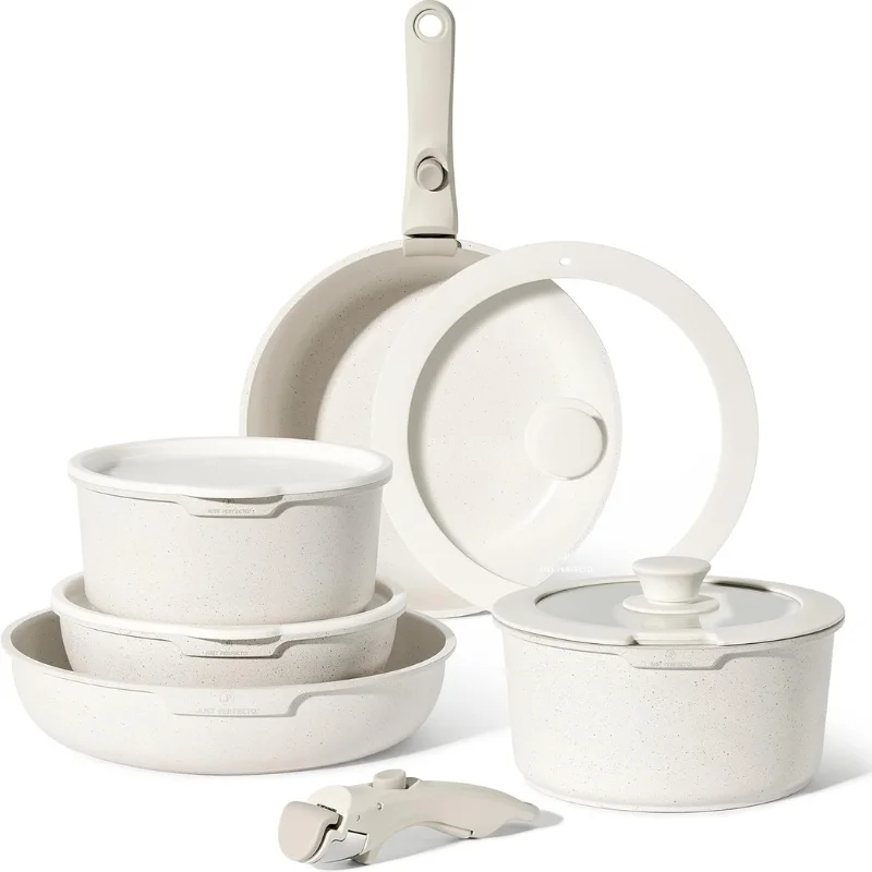 Just Perfecto JL-999: 11 Pieces Granite Cookware Set with Removable Handle - Biege