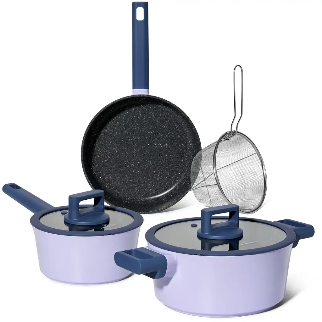 Just Perfecto JL-330: 6 Pieces Marble Coated Cookware Set with Gasket Rim Lids - Blue