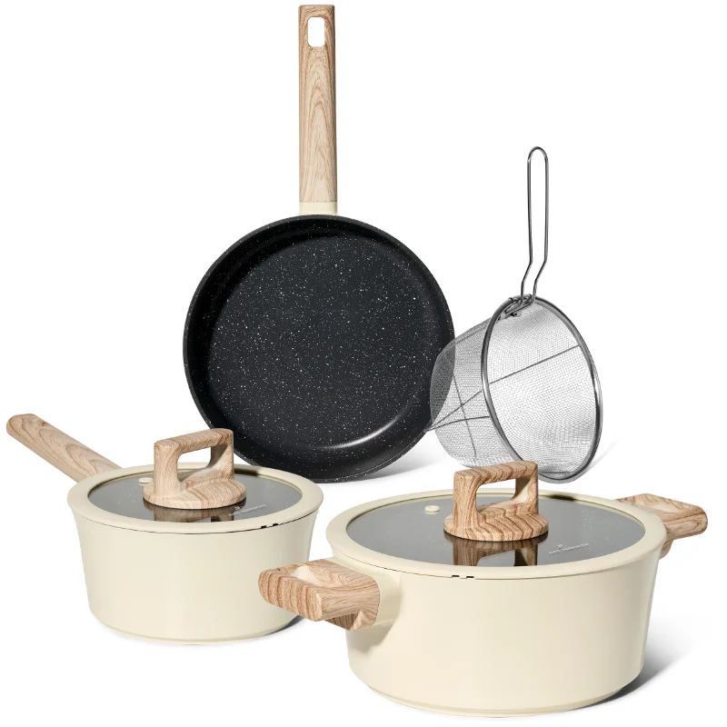Just Perfecto JL-331: 6 Pieces Marble Coated Cookware Set with Rubber Rim Lids - Beige