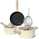 Just Perfecto JL-331: 6 Pieces Marble Coated Cookware Set with Rubber Rim Lids - Beige