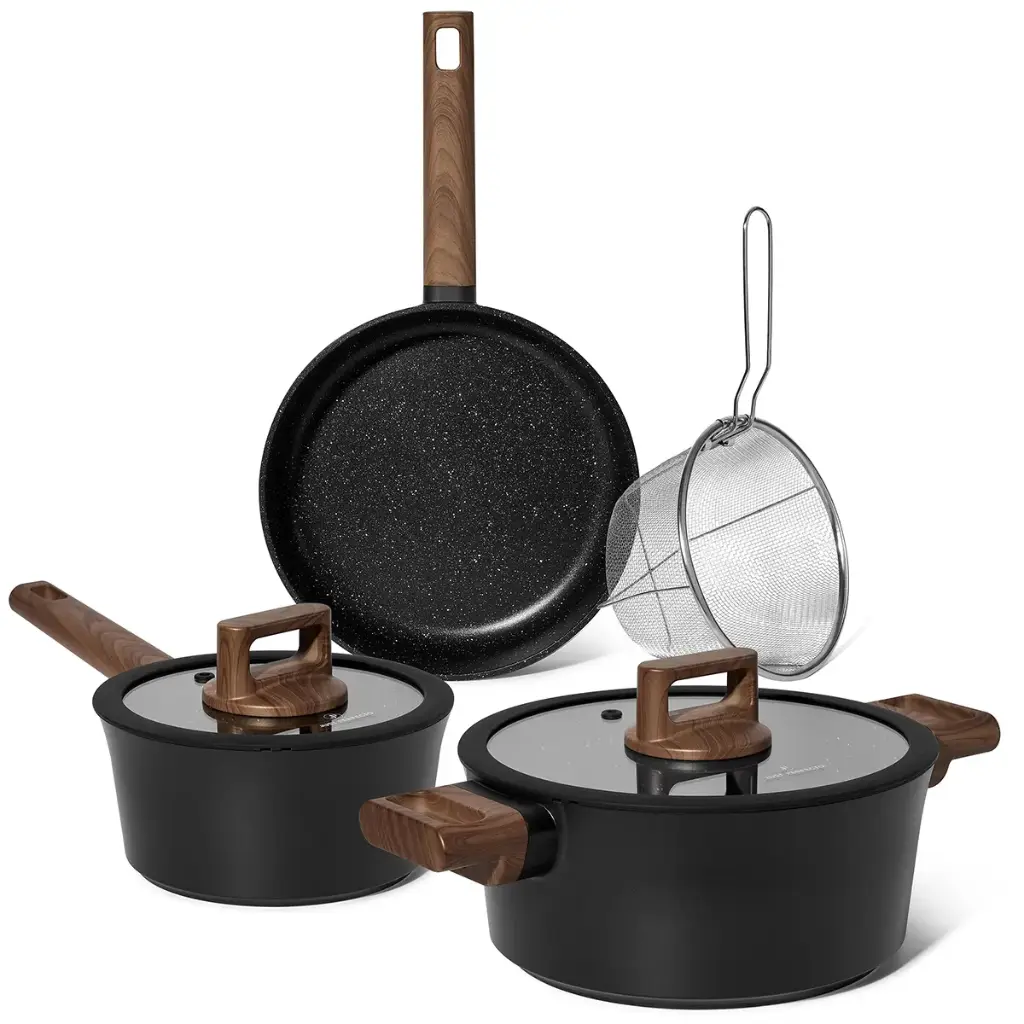 Just Perfecto JL-332: 6 Pieces Marble Coated Cookware Set with Rubber Rim Lid - Black 