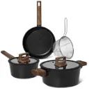 Just Perfecto JL-332: 6 Pieces Marble Coated Cookware Set with Rubber Rim Lid - Black 