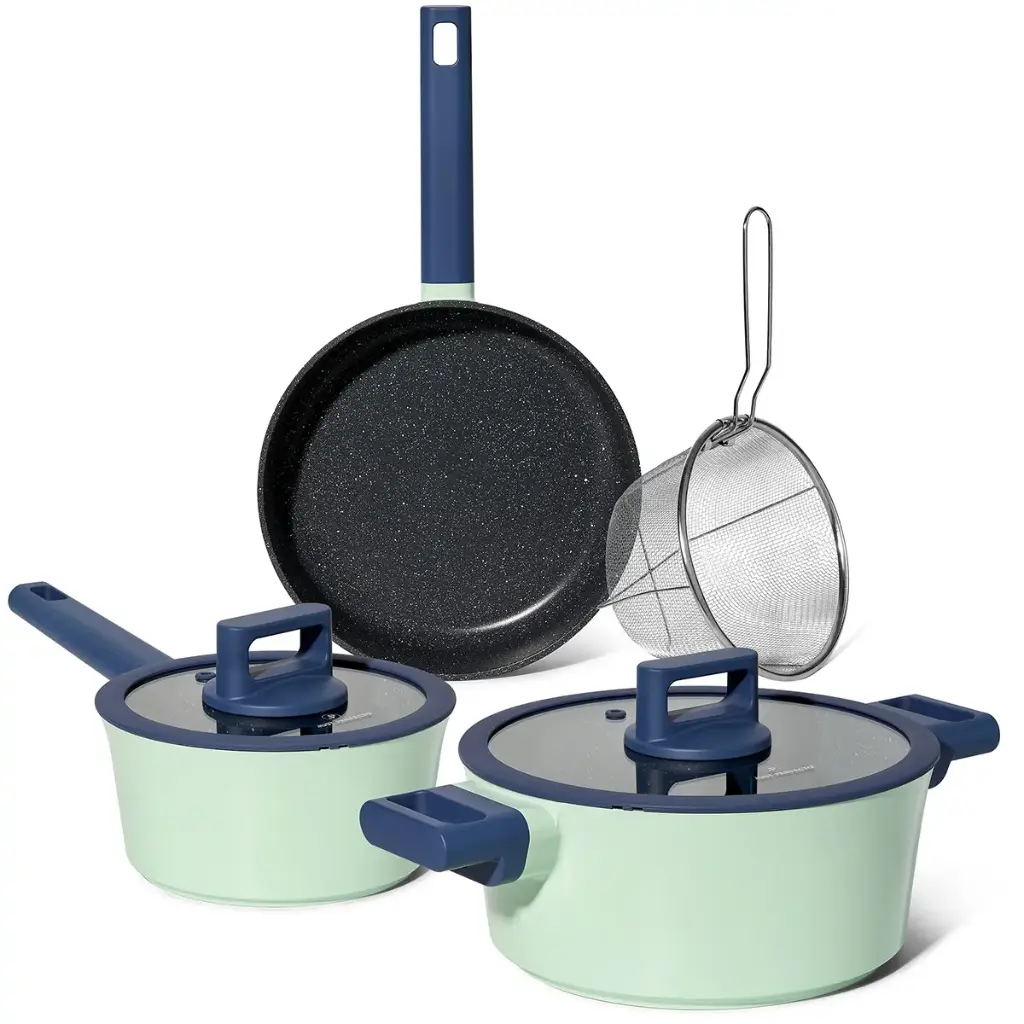 Just Perfecto JL-333: 6 Pieces Marble Coated Cookware Set with Rubber Rim Lid - Green