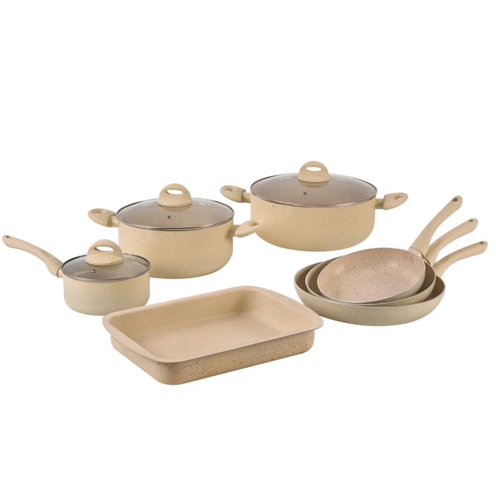 Herzberg HG-9016: 10-delige pannenset met marmercoating en braadpan