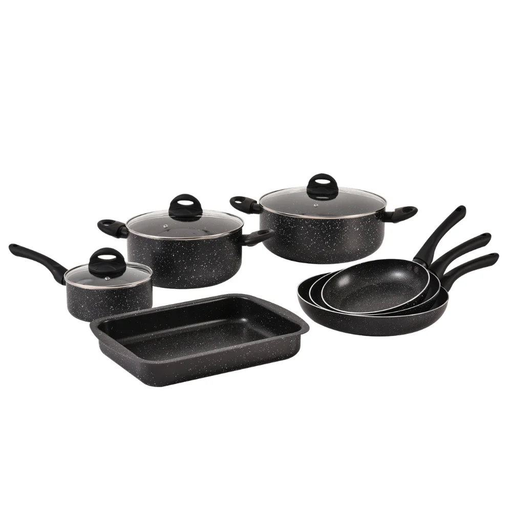 Herzberg HG-9016: 10-Piece Marble-Coated Cookware Set with Roaster Pan