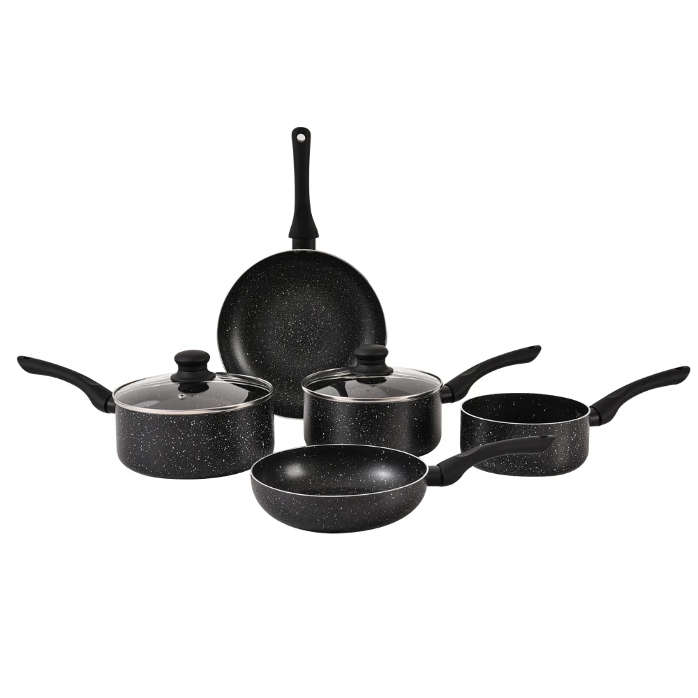 Herzberg HG-1020: 7-teiliges Kochgeschirr-Set aus gepresstem Aluminium mit Antihaftbeschichtung und Steinoptik