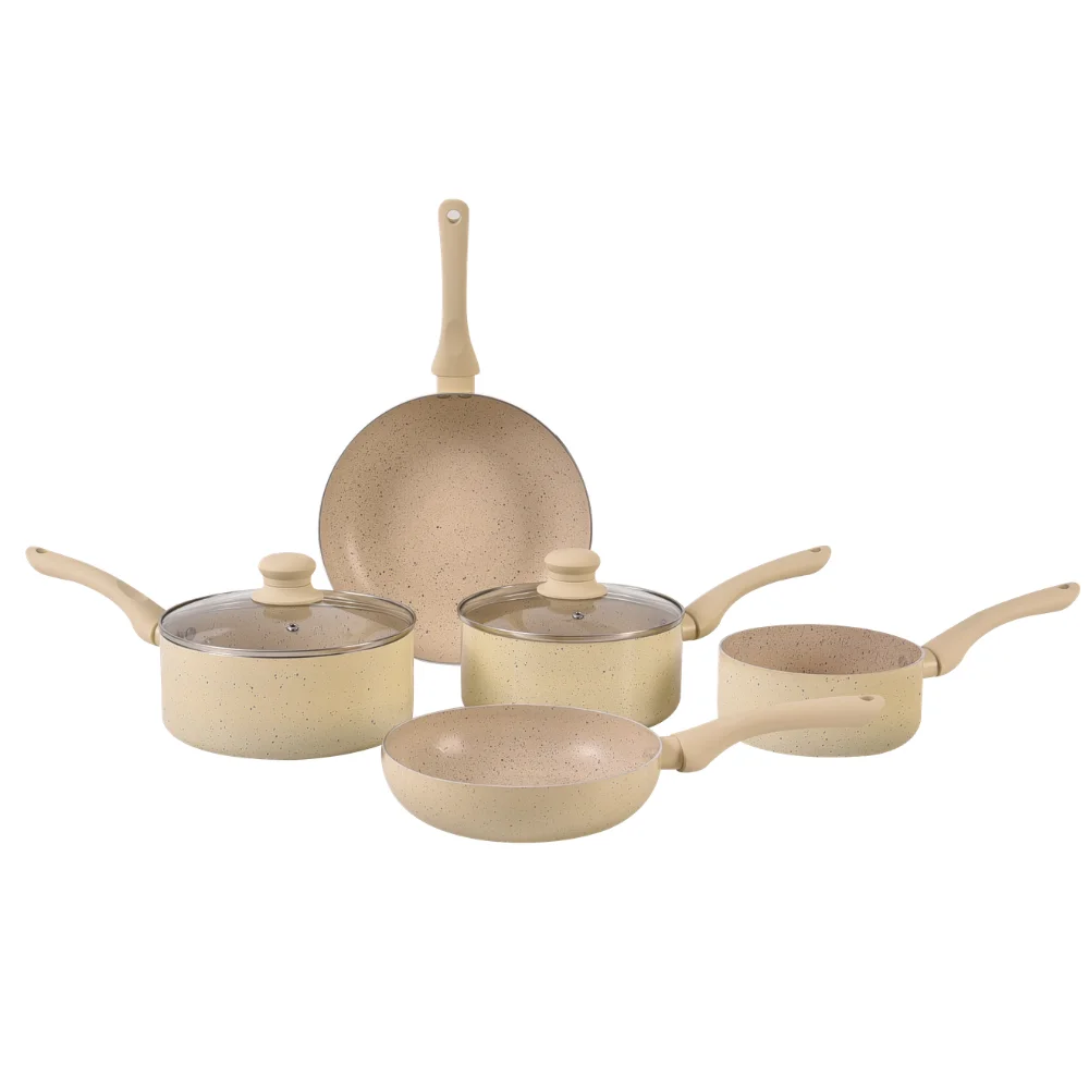 Herzberg HG-1020: 7-teiliges Kochgeschirr-Set aus gepresstem Aluminium mit Antihaftbeschichtung und Steinoptik
